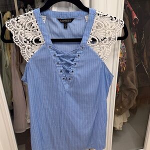 Express Light Blue Lace-Up Tank with White Crochet Shoulders